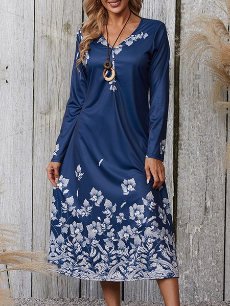 Navy Floral Print Button Resort Dress Satin Dresses, Blue, Midi Dresses