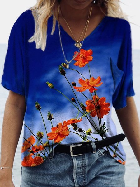 

Floral Short Sleeves V Neck Pocket Plus Size Casual Tops, Red-blue, T-Shirts