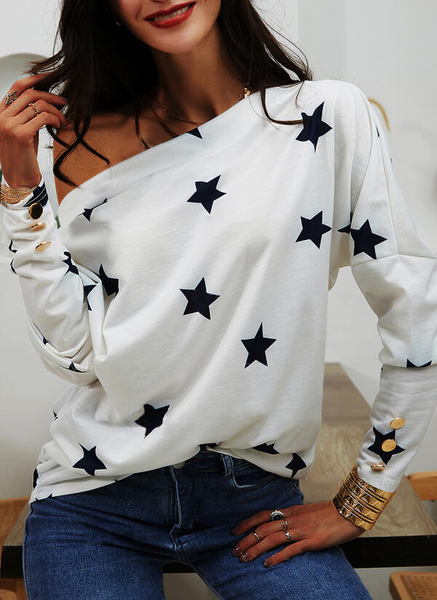 

Loosen Casual One Shoulder Star Long Sleeve T-shirt, White, T-Shirts
