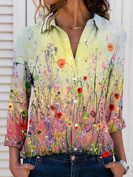 

Shirt Collar Casual Floral Shirts & Tops, Multicolor, Shirts & Blouses