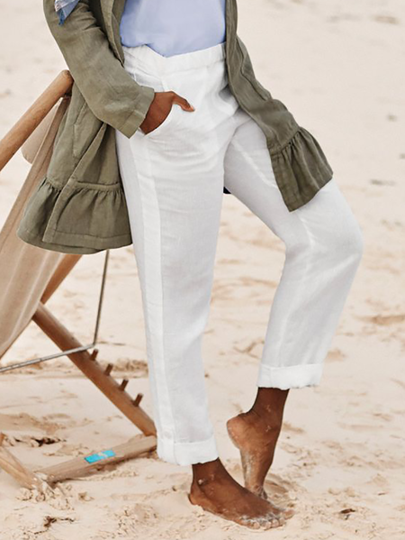 

Linen Plus size Plain Casual Pants, White, Pants