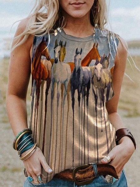 

Crew Neck Animal Casual Vests, Brown, Tanks & Camis
