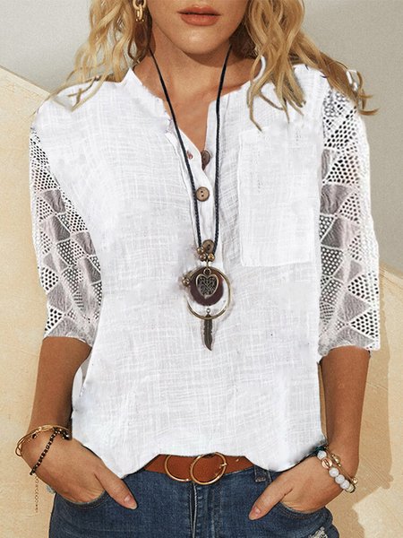 

V Neck Casual Cotton Shirts & Tops, White, Blouses & Shirts