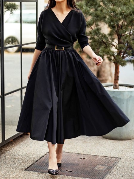 

Spring V neck Lightweight Elegant Fit and FlareX Long sleeve Long sleeve Woven Dress, Black, Maxi Dresses