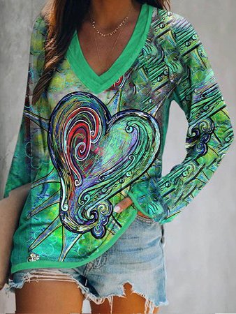 

Loosen Heart Raglan Sleeve Casual Shirts & Tops, Green, Long sleeve tops