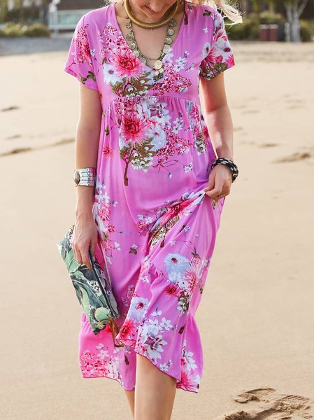 

V Neck Casual Short sleeve Woven Dress, Rose red, Midi Dresses