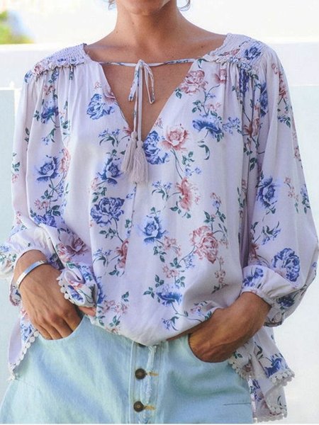 

Casual V Neck Floral Long sleeve tops, White, Tops