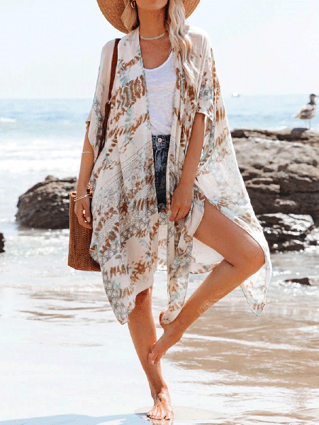 

Bohemian Print Kimono Cardigan Outer, Off white, Outerwear