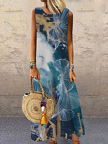 

Abstract Floral Vacation Loosen Crew Neck Sleeveless Maxi Dresses, Flower, Maxi Dresses