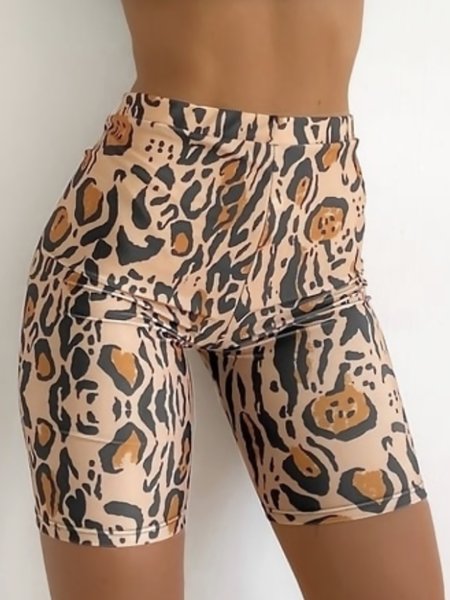 

Sporty Leopard Printed Cotton Blends Skinny Short Pants, Shorts