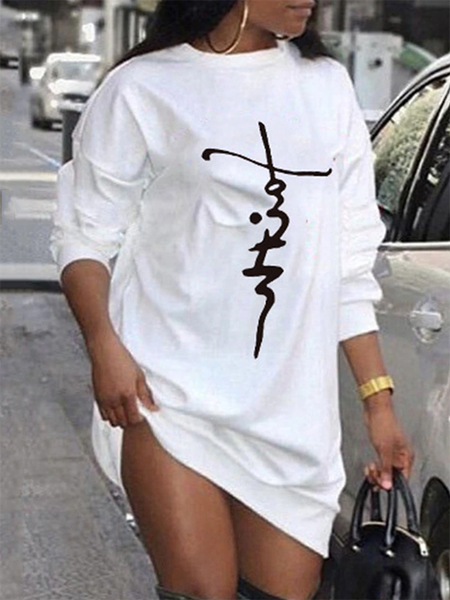 

Letter Long sleeve Crew Neck Casual Long sleeve Knit Dress, White, Mini Dresses