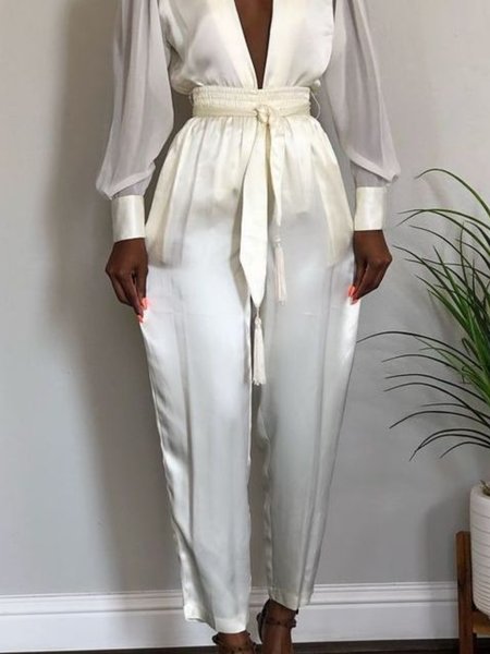 

Spring Regular Fit Plain Slightly stretchy Lightweight Pants, Apricot, Wide Leg Pants