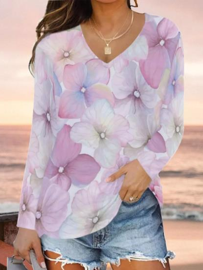 

Flower Casual V Neck Long sleeve Top, As picture, Long sleeves