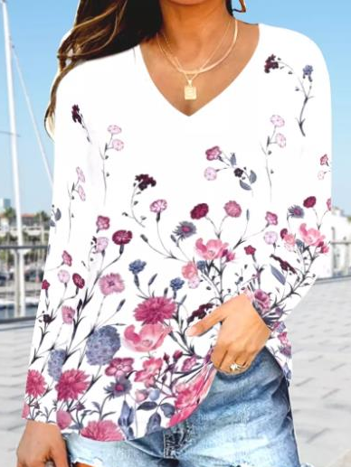 

Flower V Neck Long sleeve tops, White, Long sleeves