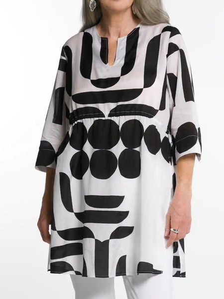 

Geometric Notched Short sleeve tops, Black-white, Tops