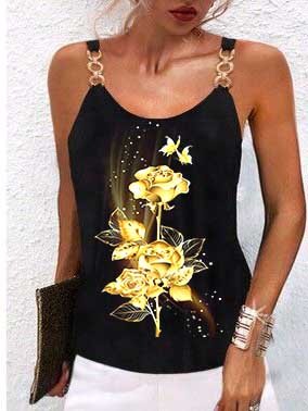 

Crew Neck Cotton Blends Floral,Butterfly Casual Vests, Black, Tanks & Camis