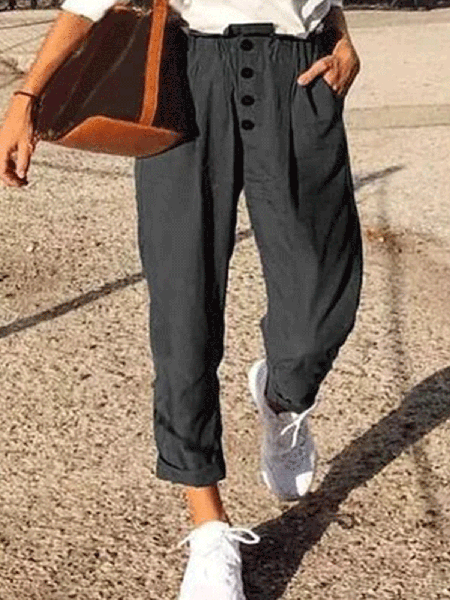 

Linen Casual Pockets Solid Pants, Black, Pants