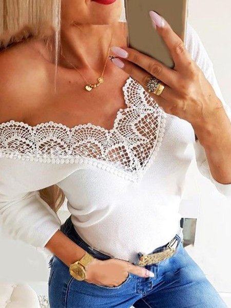 

Plain V Neck Cotton Blends Long Sleeve T-shirt, White, T-Shirts