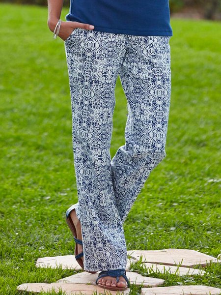 

Casual Straight-Leg Ethnic Print Trousers, Blue, Pants