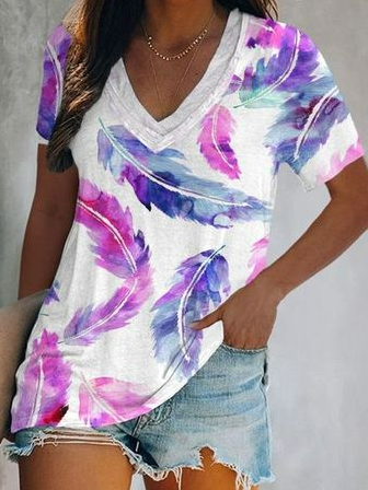 

V Neck Feather Shirts & Tops, White, T-Shirts