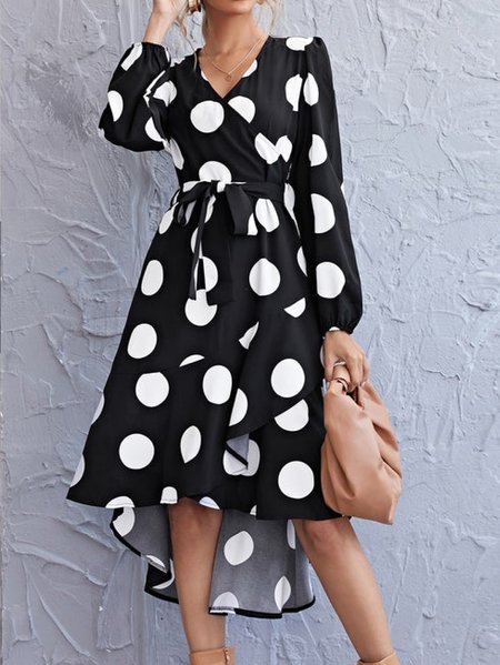 

Elegant Regular Fit Polka Dots Belted Dress, As picture, Midi Dresses