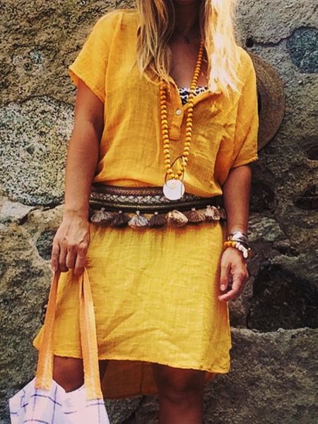 

Plus Size Casual Solid Loosen Short Sleeve Dresses, Yellow, Mini Dresses
