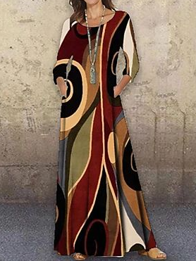 

Geometric Flowing Gradient Long Sleeve Knit Resort Dress Loosen Ombre Vacation Long sleeve Knit Dress, Multicolor, Dresses