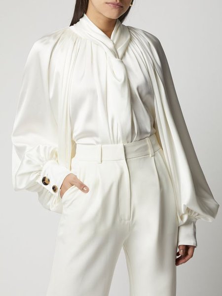 

Plain High Neck Elegant Daily Top, White, Tops