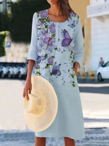 

Casual Holiday Butterfly Print U-neck Knee-length Dresses, Blue, Dresses