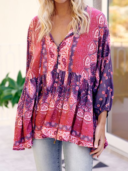 

Boho V Neck Floral Shirts & Tops, Pink, Tops