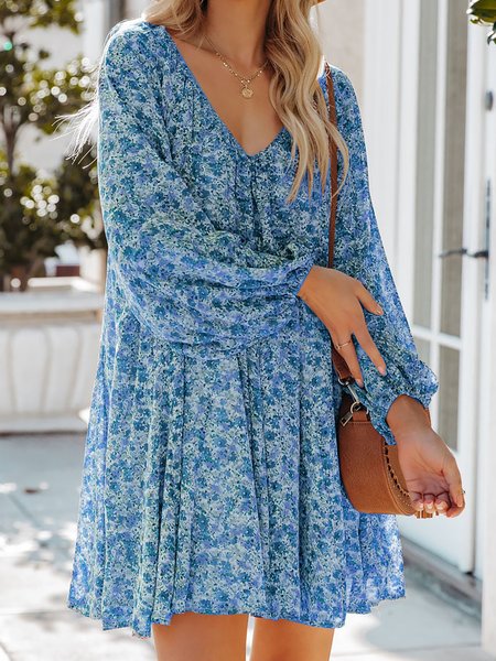 

V Neck Romantic Bishop Sleeve Boho Short Long sleeve Woven Dress, Blue, Mini Dresses