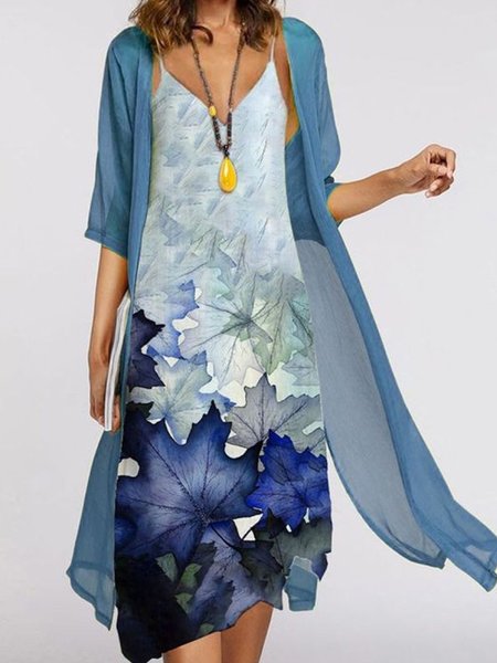 

Loosen Floral Romantic V Neck Suits, Flower, Midi Dresses
