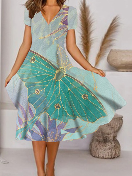 

Butterfly Green Gradient Dream Print Resort Dress Loosen V Neck Animal Dresses, Casual Dresses
