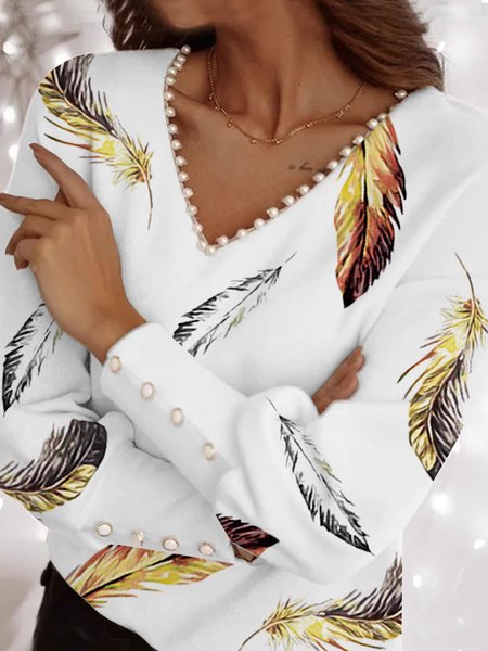 

Elegant Loosen Buttoned Holiday elegant pearl button feather loose top Plus Size Shirts & Tops, White, Long sleeve tops