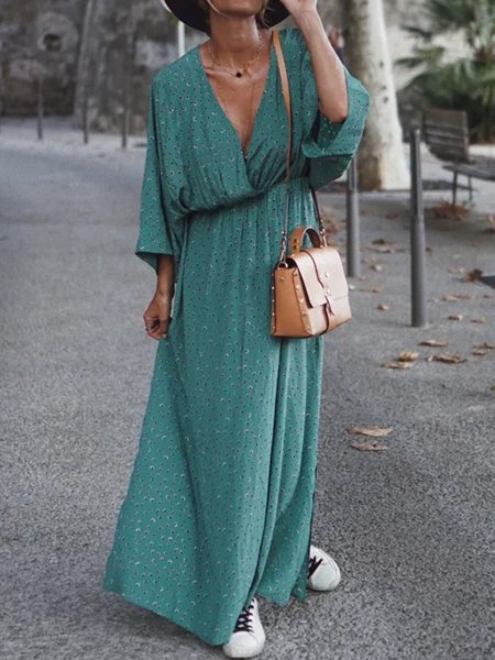 

Boho Floral V neck Loosen Long Sleeve Long sleeve Woven Dress, Green, Maxi Dresses