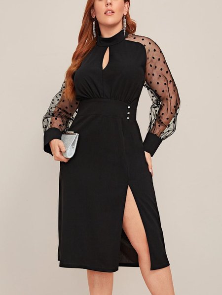 

Elegant Raglan Sleeve Regular Fit Side Slit Black Dress, Midi Dresses