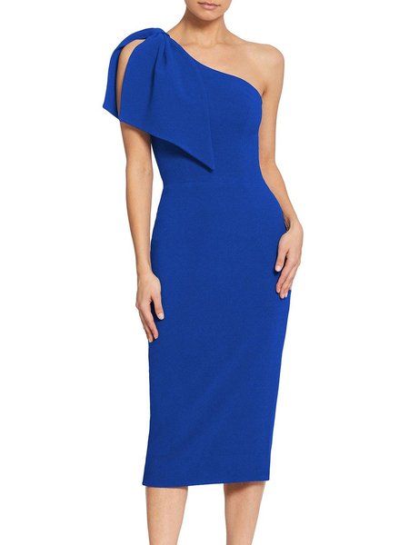 

One Shoulder Formal Regular Fit Elegant Dress, Blue, Midi Dresses