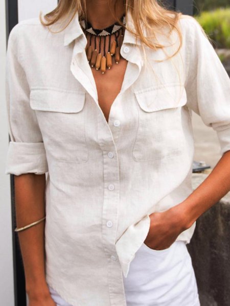 

Shirt Collar Loosen Casual Shirts & Tops, Beige, Blouses & Shirts