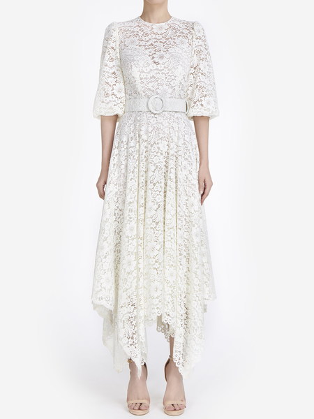 

Crew Neck Elegant Fit and FlareX Dress, White, Maxi Dresses