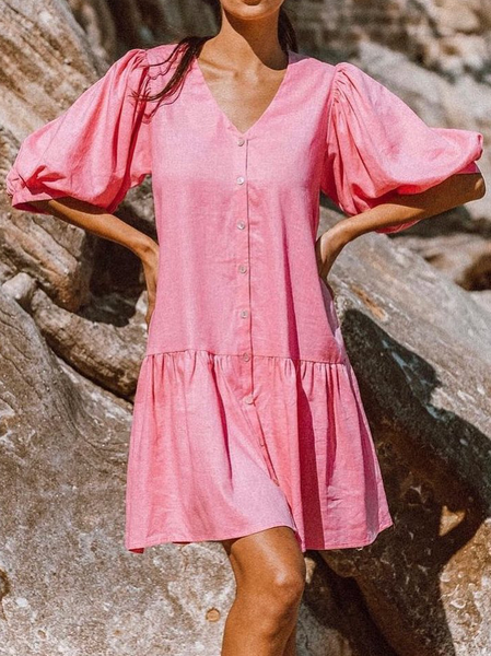 

V Neck Plain Cotton Loosen Dresses, Pink, Mini Dresses