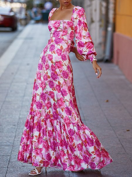 

Vacation Floral Long Sleeve Regular Fit Maxi Dress, Pink, Maxi Dresses