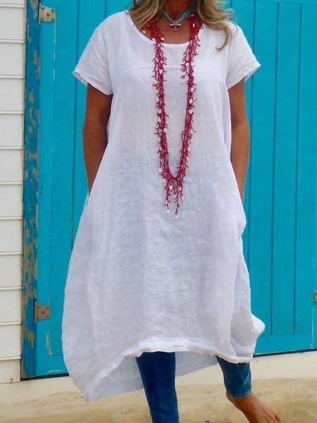 

Cotton Loosen Casual Solid Crew Neck Midi Dresses, White, Midi Dresses