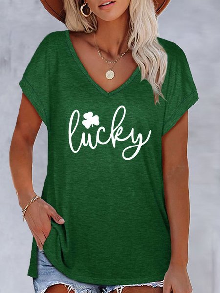 

St.Patrick's Day V Neck Loosen Shirts & Tops, Green, Tees & T-shirts