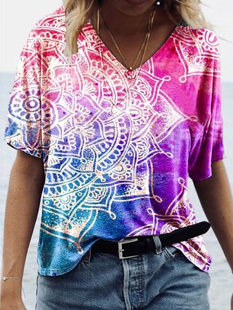 

Cotton Blends V Neck Loosen Shirts & Tops, Multicolor, T-Shirts