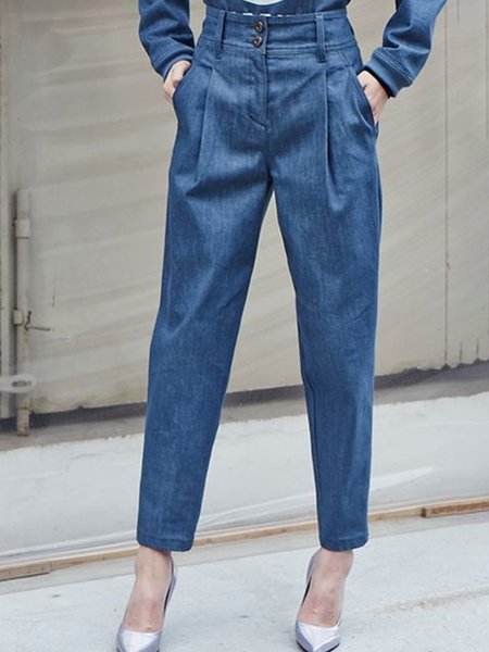 

Solid Simple Regular Fit Daily Pants, Blue, Skinny Leg Pants