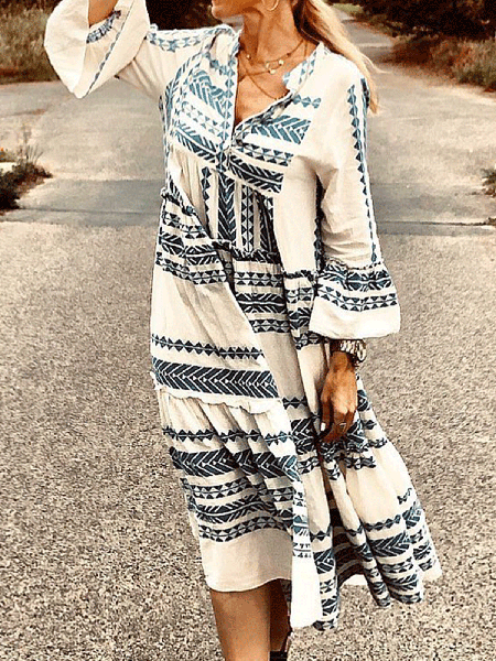 

Boho Loosen Tribal Dresses, Off white, Midi Dresses