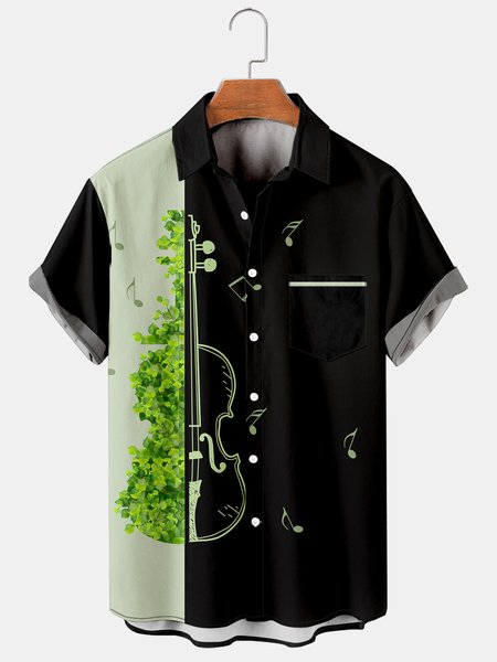 

Mens Music Print Casual Breathable Hawaiian Short Sleeve Shirt, Black, Men's Floral shirt