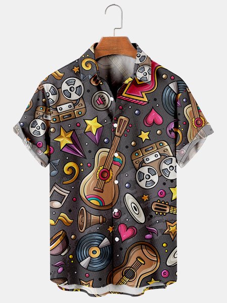 

Mens Music Guitar Casual Breathable Short Sleeve Hawaiian Shirts, Gray, Men's Floral shirt