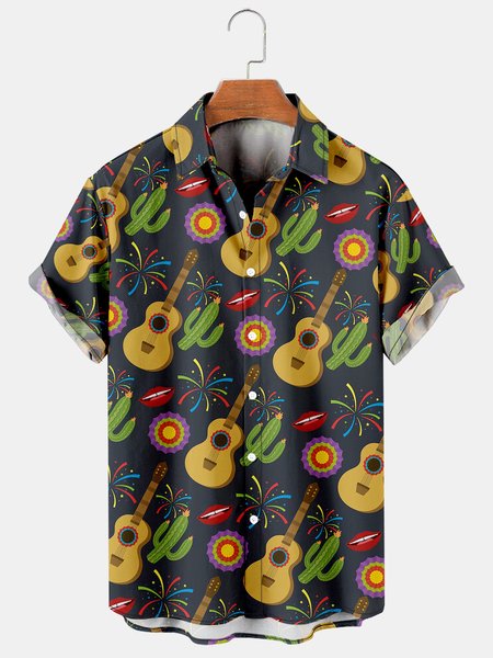 

Men's Music Collection Guitar Print Short Sleeve Shirt, Yellow, Men's Floral shirt