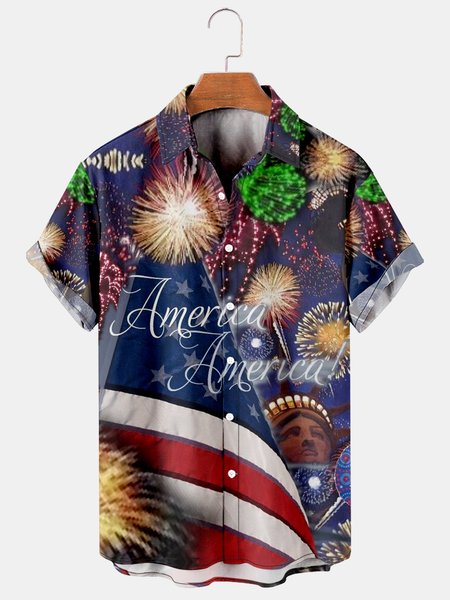 

Men's Flag Print Casual Breathable Short Sleeve Hawaiian Shirt, Blue, Men's Floral shirt